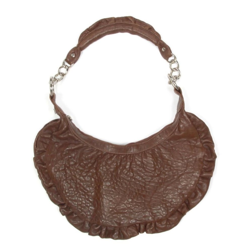 TREESJE Half Moon Pebbled Leather Brown Ruffle Trim Silver Chain Handbag Purse